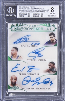 2018-19 Leaf Pearl 8 Green Spectrum Holofoil Messi/Curry/Spence Jr./Ronaldo/Floyd/McGregor/Antetokounmpo Signed Card (#1/1) - BGS NM-MT 8/BGS 8